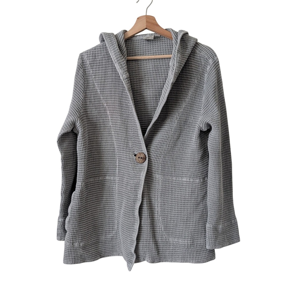 Focus Casual Life Grey 100% Cotton Waffle Knit Hooded Cardigan‎ Medium Lagenlook